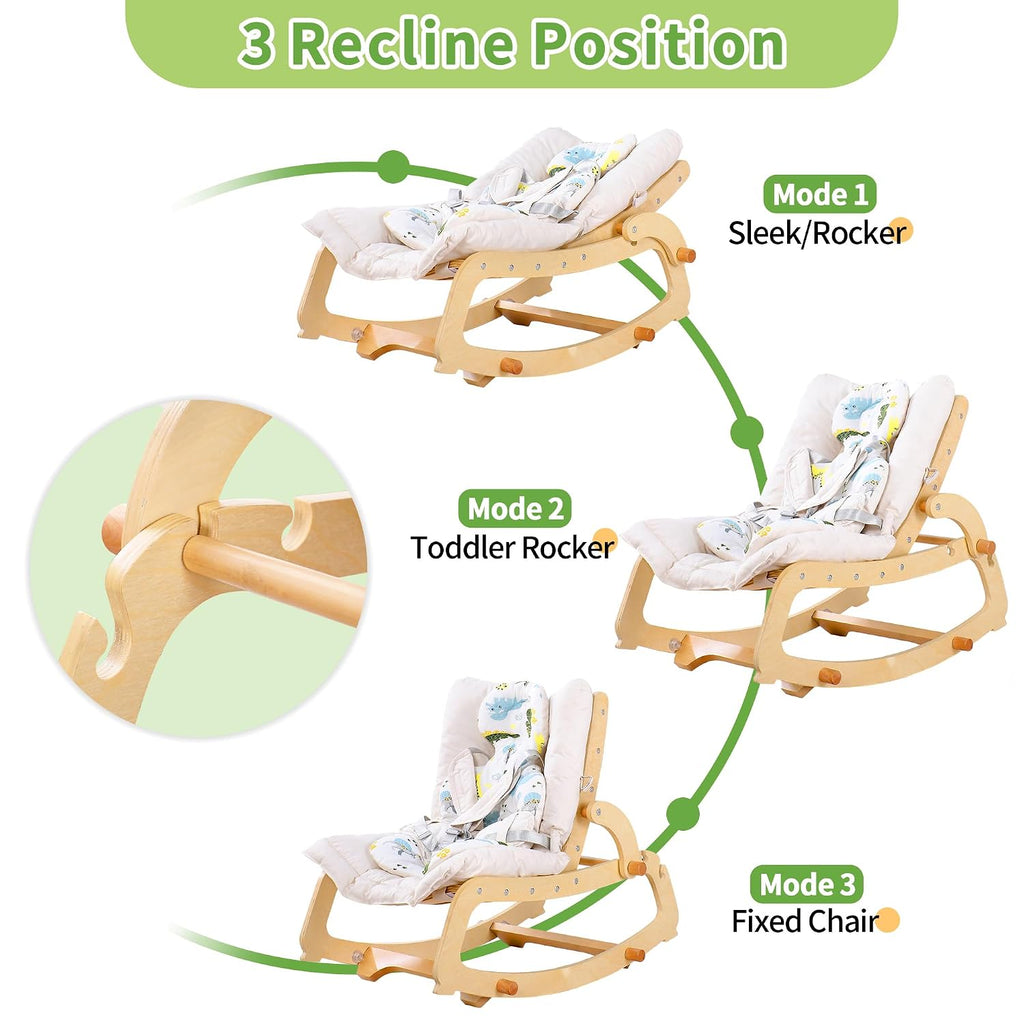 In-1 Baby Rocker Chair with Double Cushions, for 0-12 Months, Adjustable Wooden Infant Rocker with Removable