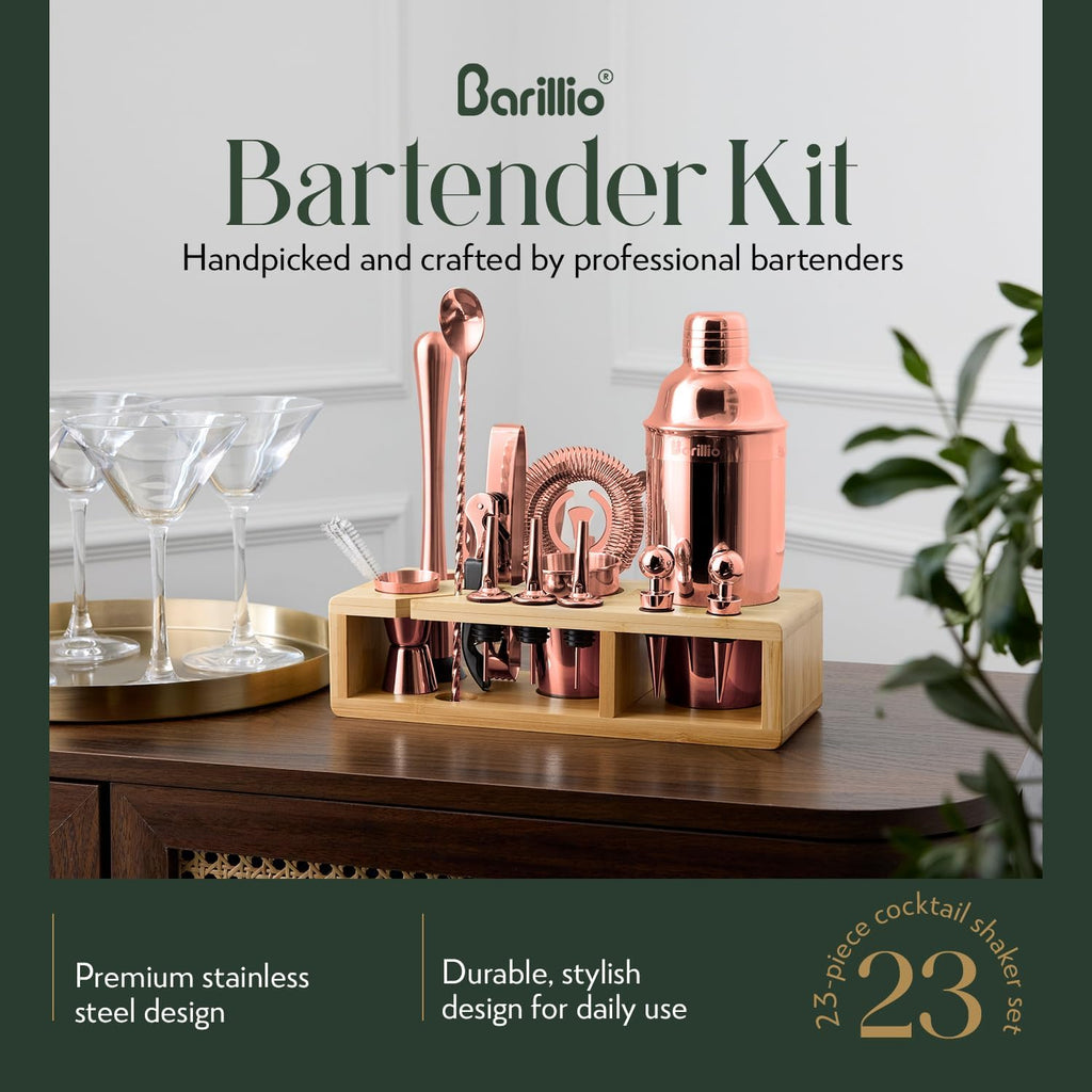 Rose Gold Bartender Kit - Stainless-Steel Cocktail Shaker Set w/Bamboo Stand - Mixology Bar Tools w/Drink Shaker - Set of 23