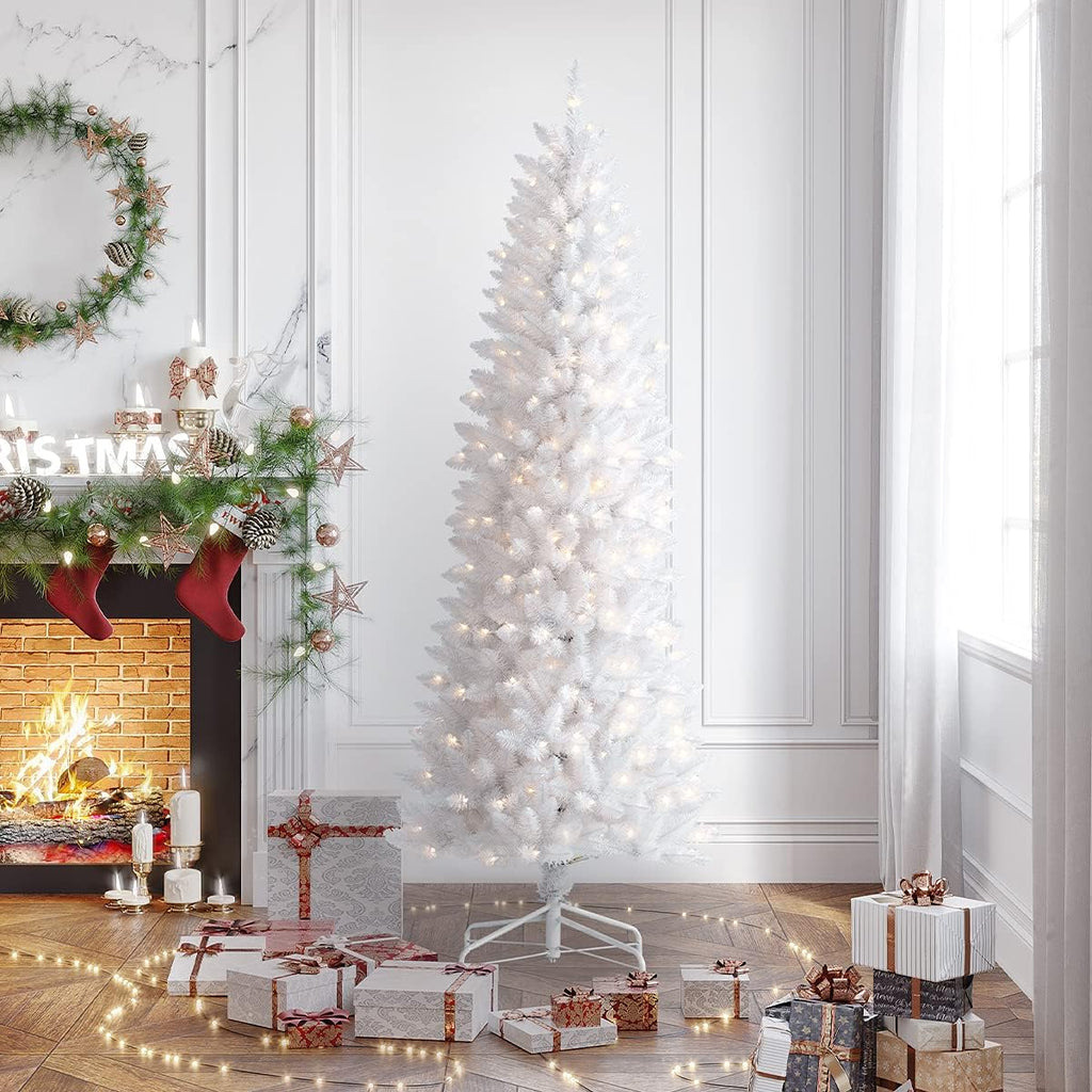 6.5ft White Christmas Tree, Fraser Fir Pencil Artificial Slim Trees Holiday Decor Prelit 250 Warm Lights 714 PVC