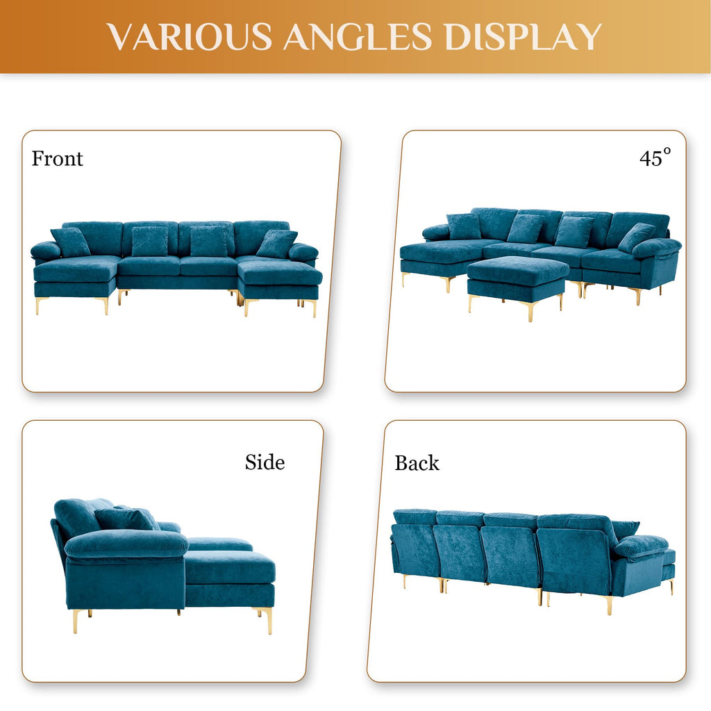 114" U-Shaped Velvet Sectional Couch with Ottoman, Teal Blue