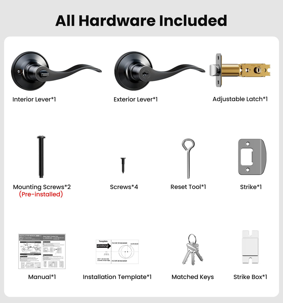 Keyed Entry Door Lever, Door Handle with Lock and Keys, Matte Black