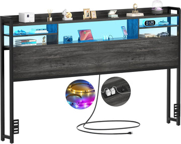 Headboard for King Bed with Storage, Headboards with LED Light, Power Outlets, USB Ports King Head Board