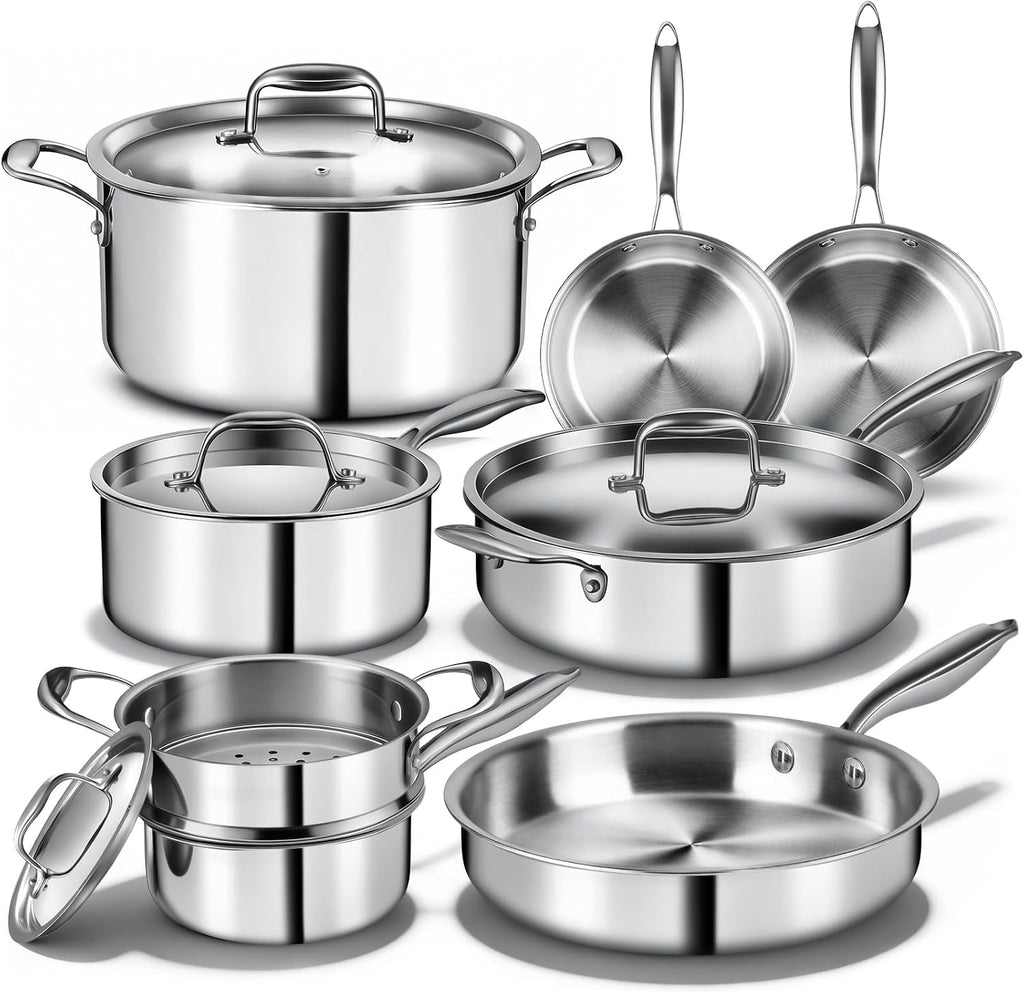 Triple Ply Stainless Steel Pots and Pans Set, 12 Piece Induction Cookware Set, Oven Dishwasher Safe | Frying Pans