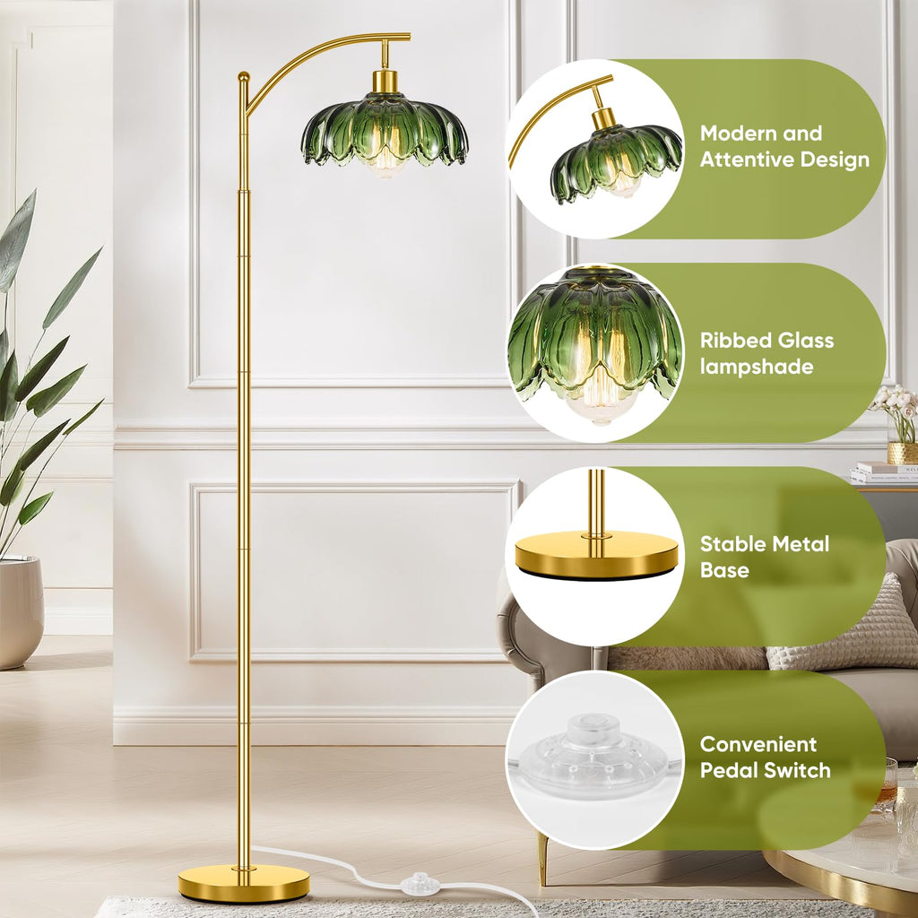 Gold Floor Lamp with Remote Control, Unique Vintage Standing Tall Lamp, Mid Century Modern Floor Lamps Arc Green Glass