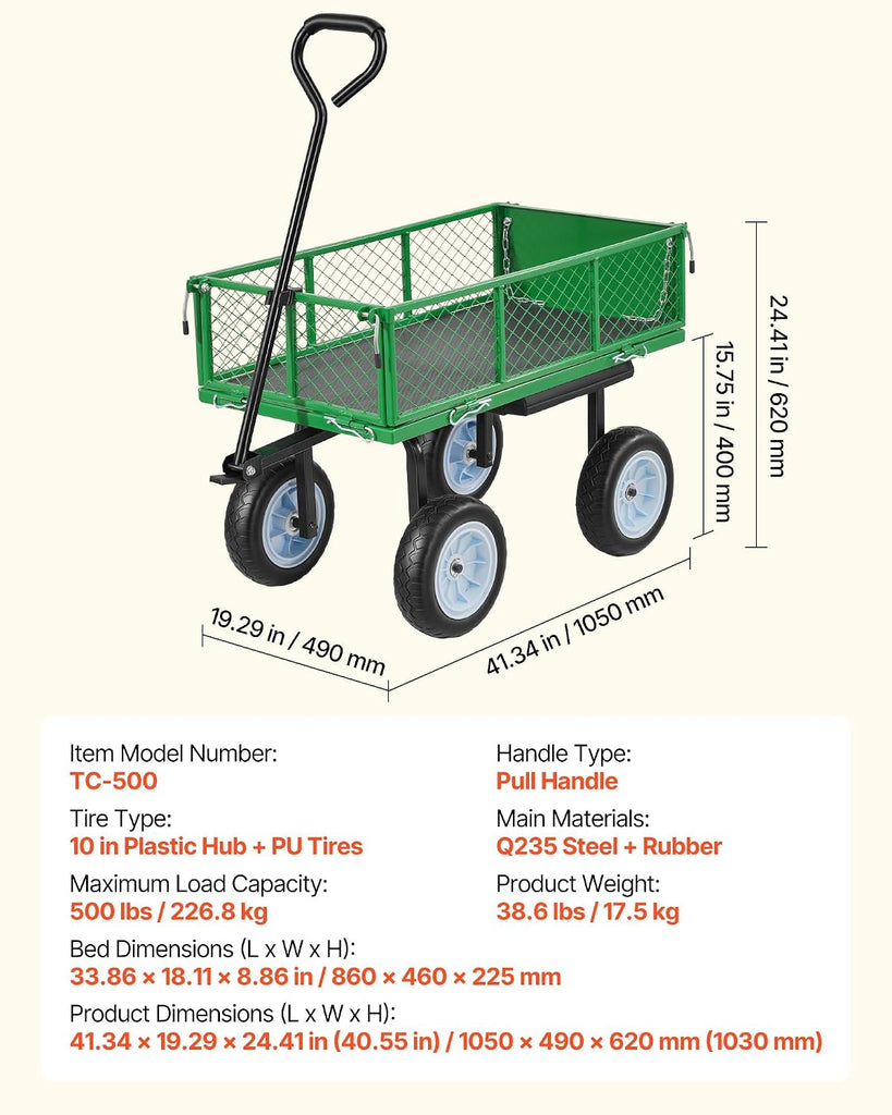 500 LBS Steel Garden Cart with Work Seat, Heavy Duty Garden Wagon Cart on Wheels, Outdoor Metal Utility Yard Wagon