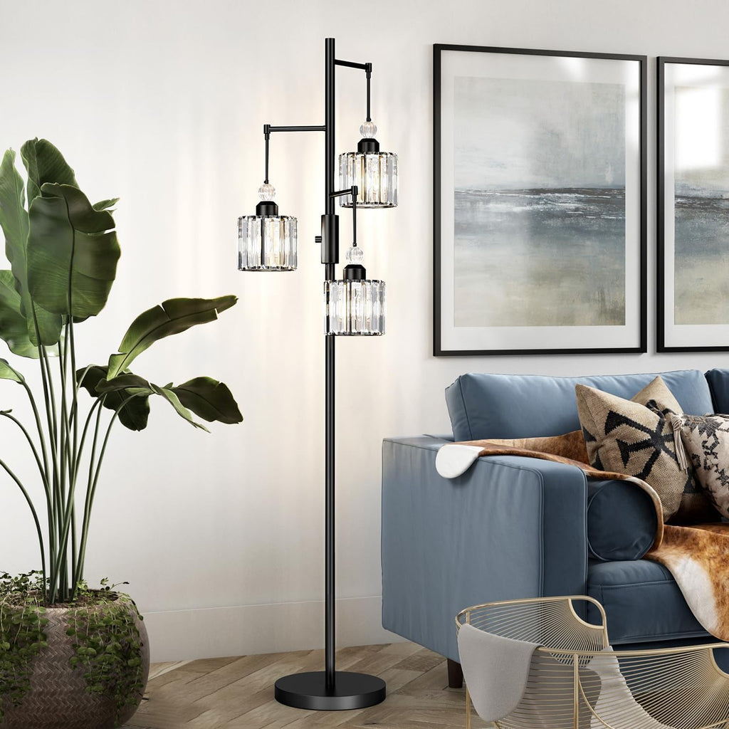 Black Tree Floor Lamp with 3 Crystal Cage Lampshades & Dimmable Bulbs - 70" Vintage Glam Standing Lamp Bedroom