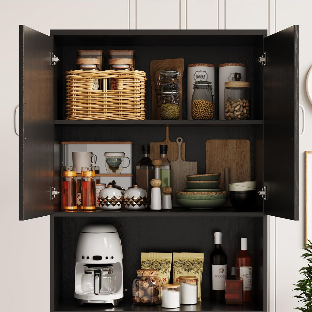 70" Kitchen Pantry Storage Cabinet, Tall Wood Sideboard, Black