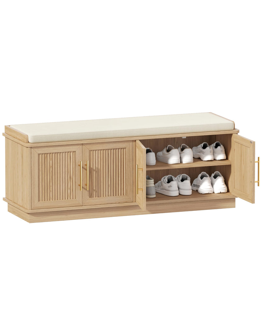 47.2" Fluted Shoe Storage Bench 4 Doors Wooden Entryway Bench Oak