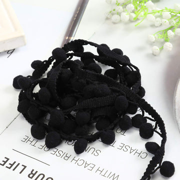 Pom Pom Ball Fringe Trim - Ribbon Sewing DIY Crafts for Party Home Decoration 1/2" (Black, 10 Yards)