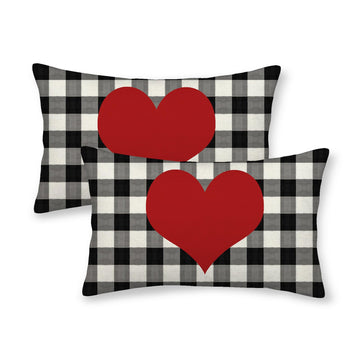 Valentines Pillow Covers 12x20 Inch Set of 2, Black Buffalo Plaid Love Heart Throw Pillows Case, Valentine's Day