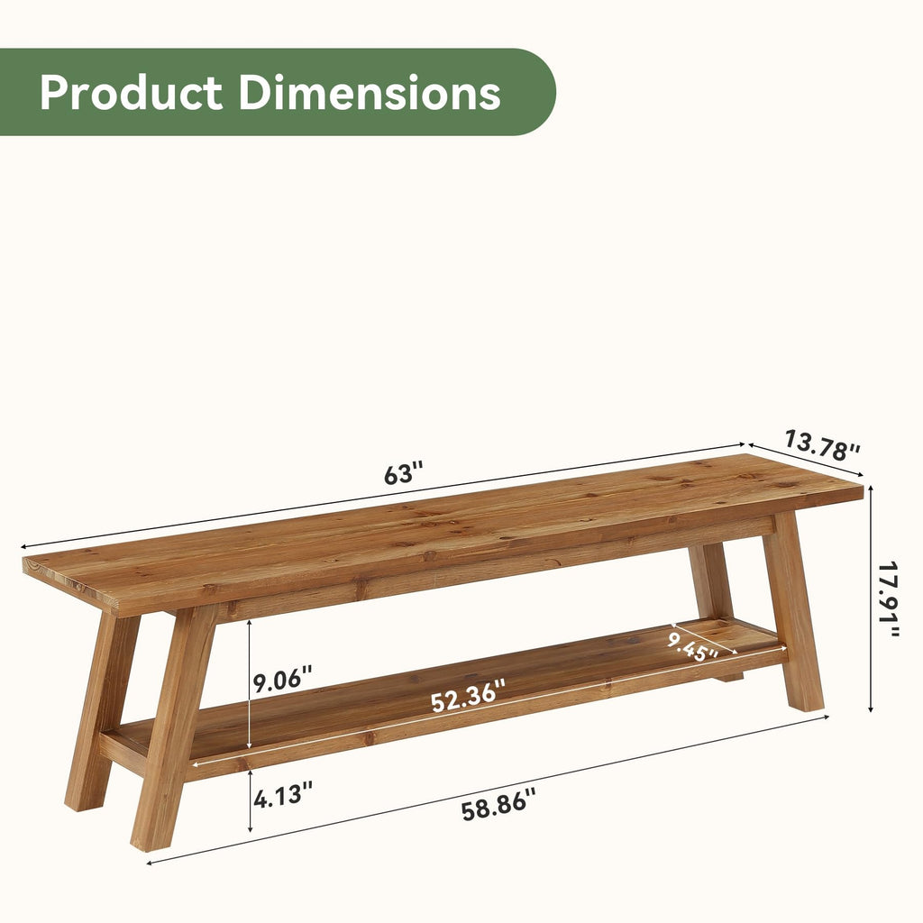 Solid Wood 63" End of Bed Bench with Storage Shelves, Rustic 62.99" L Foot of Bed Bench, Upholstered Seat & Open Shelf
