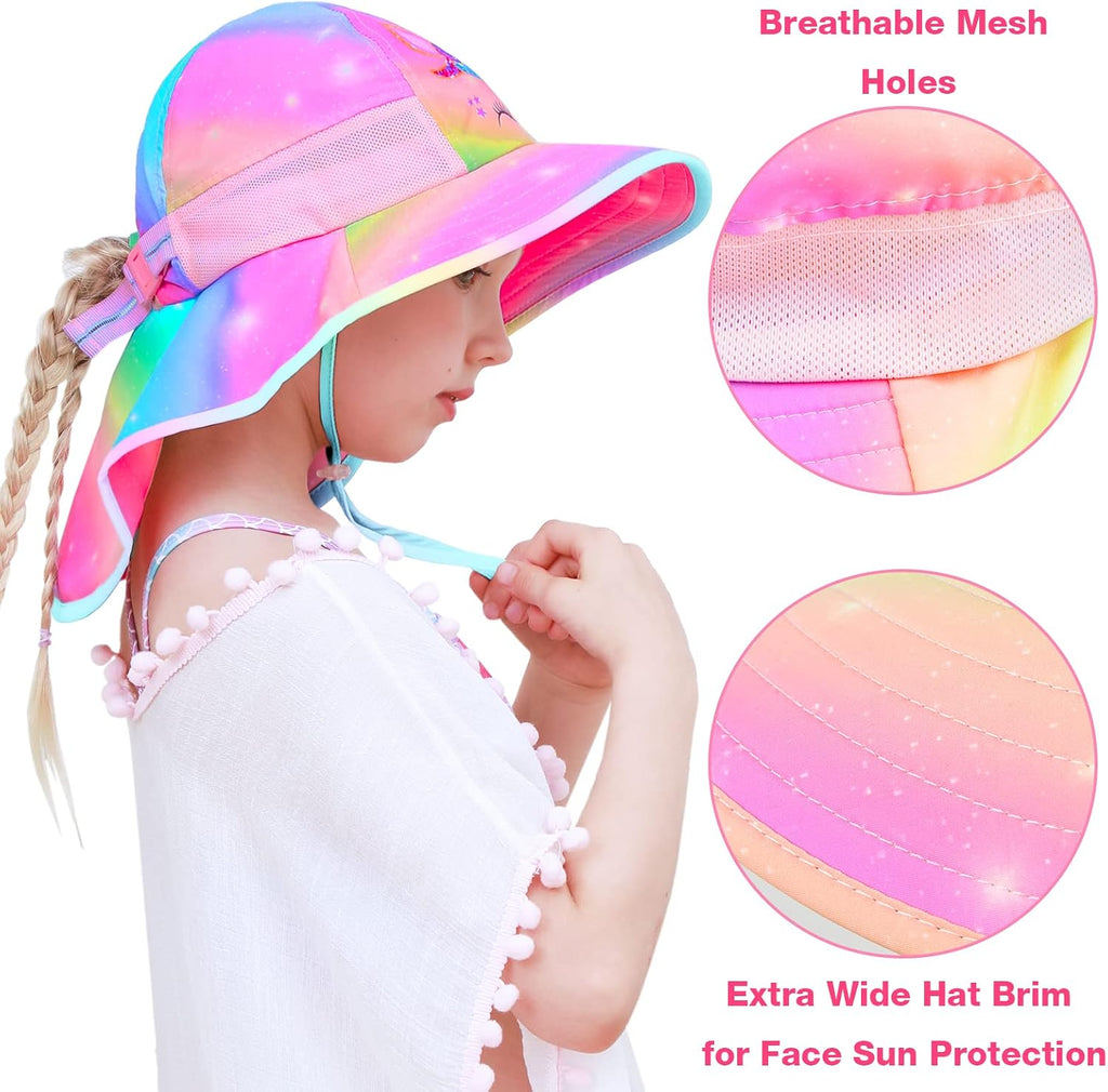 Kids Sun Hat Anti-UV Girls Boys Wide Brim Neck Flap UPF 50+ Sun Protection Beach Hat with Adjustable Chin Strap Ages