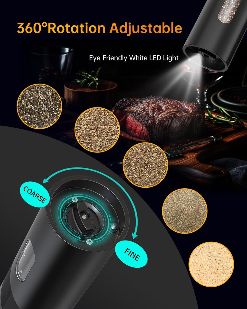 Rechargeable Electric Salt and Pepper Grinder Set with Base, Automatic Pepper Mill Grinders with 110ml Container