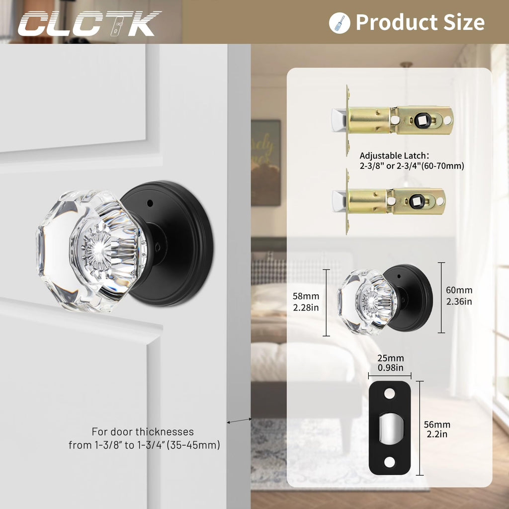 Glass Door Knobs Interior with Lock, Octagon Crystal Privacy Round Matte Black Door Knobs Bathroom