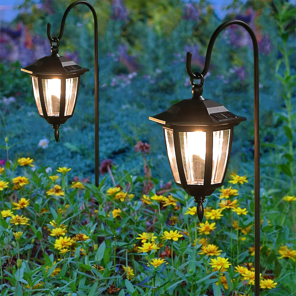4 Pack Solar Hanging Lights Outdoor, Solar Powered Garden Decorative Lanterns with 4 x 38 Inch Shepherd Hooks