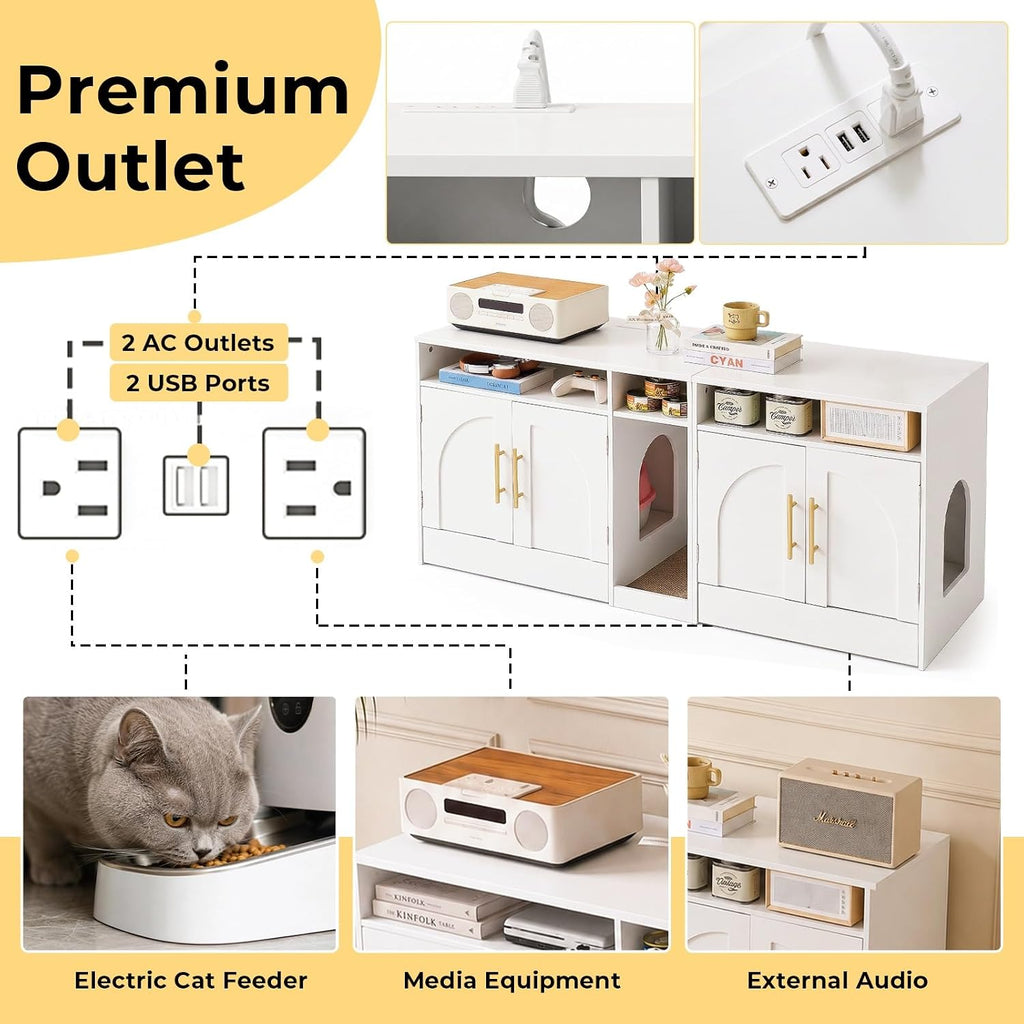 Double Cat Litter Box Enclosure for 2 Cats, 53" Wooden Hidden Cat Litter Box Furniture with Power Outlet, Sliding
