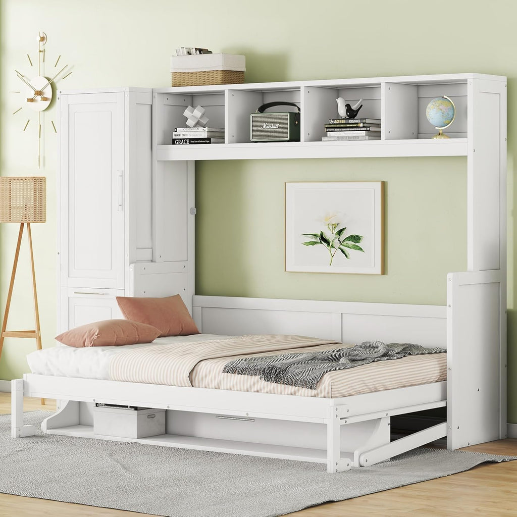 Full Horizontal Murphy Bed with Wardrobe Closet,2 Drawer,4 Storage Open Shelves,Wood Folding Murphy Wall Bed Cabinet