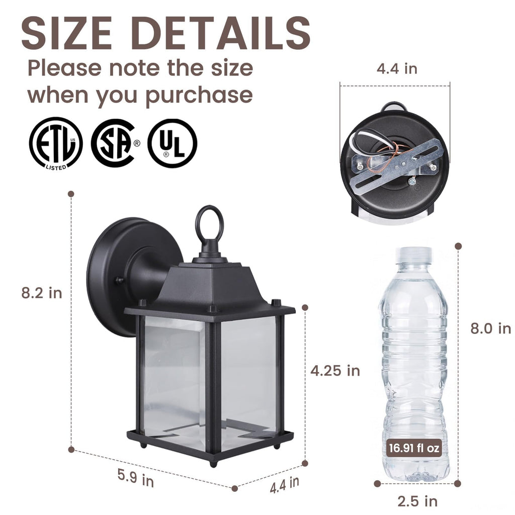 8.2" Outdoor Porch Light E26 Aluminum Glass Black, 2 Pack