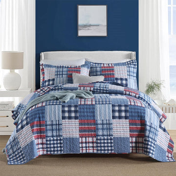 Cotton Bedding Quilt Sets, Soft Reversible Coverlet Sets All Season Blue Bedspread, Plaid Patchwork