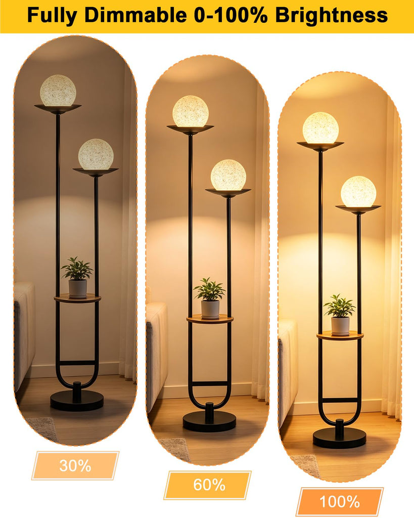 2-Globe Floor Lamp with Tray Dimmable Black Tall Lamps with Shelf