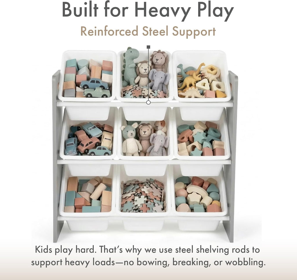 Kids Toy Organizer with 9 Bins, 3 Tier Storage | Sturdy wood and steel toddler shelf, removable BPA-free containers