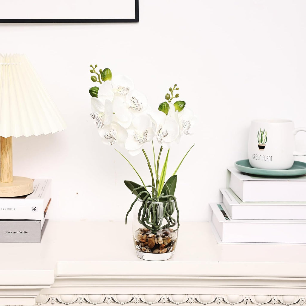 14.5" Artificial White Orchid Centerpiece in Glass Vase