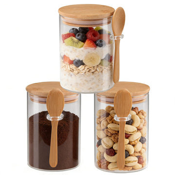 Set of 3 Airtight Glass Jars with Bamboo Lids and Spoons - 20oz Decorative and Durable Borosilicate Glass Canisters