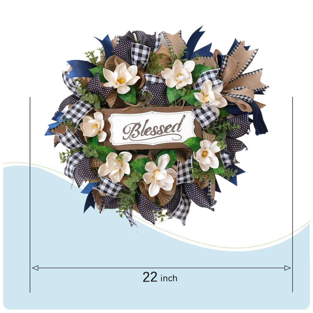 22 Inch Spring Wreath Blessed Magnolia Wreath with Buffalo Check and Burlap Ribbon - Farmhouse Front Door Wreaths