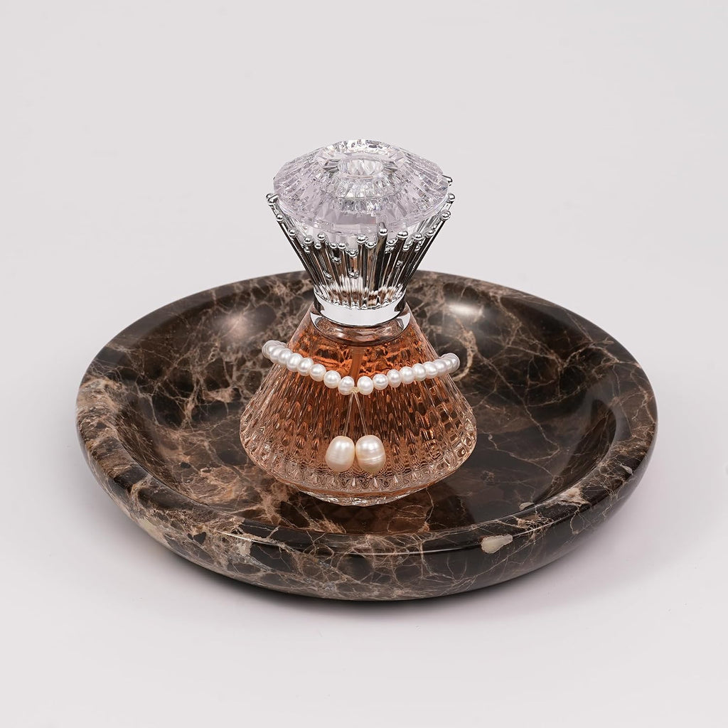 Brown Marble Jewelry Tray - Stone Trinket Ring Key Purse Holder Dish, Small Cute Round Plate Decorative Bowl