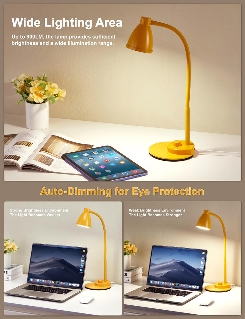 LED Desk Lamp with USB Charging Port 3 Color Modes Fully Dim, Yellow