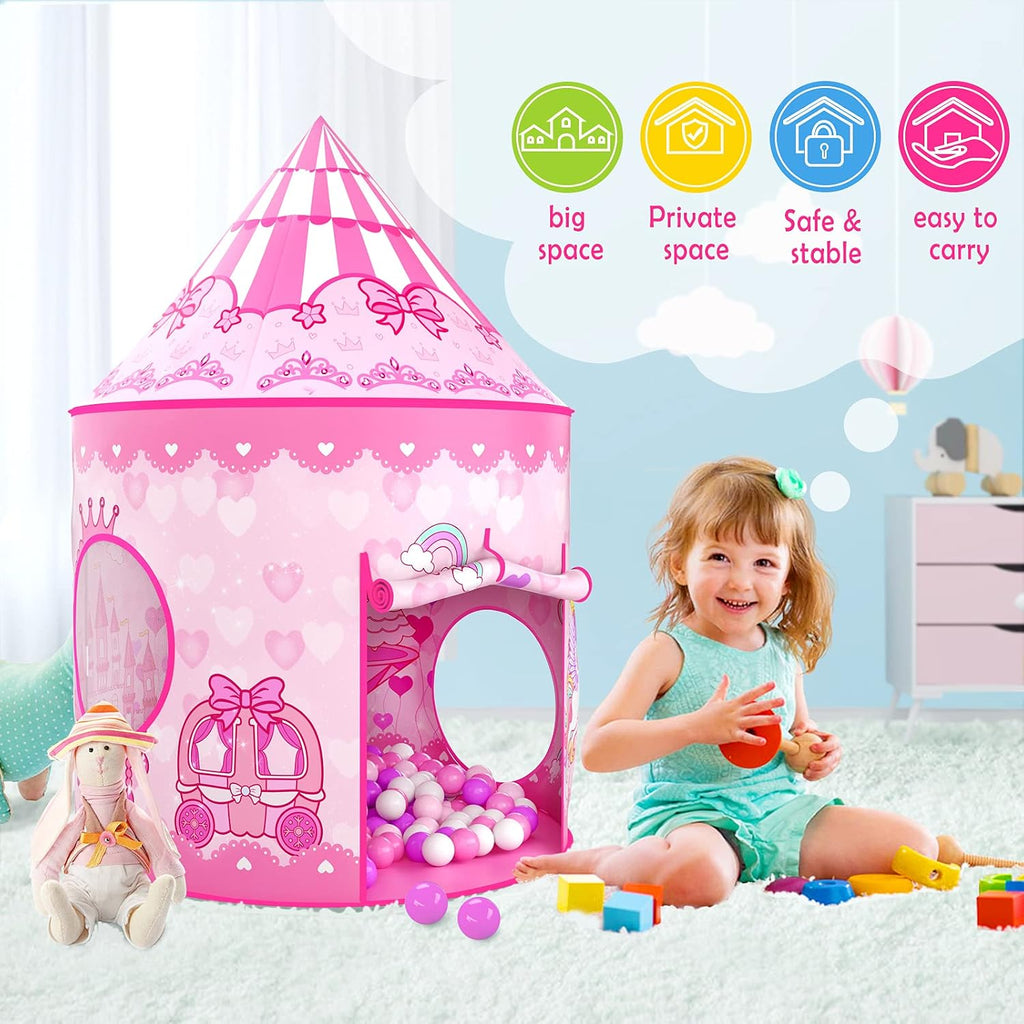 3PC Princess Tent for Girls with Kids Ball Pit and Crawl Tunnel for Toddlers, Pink Pop Up Playhouse Toys Indoor