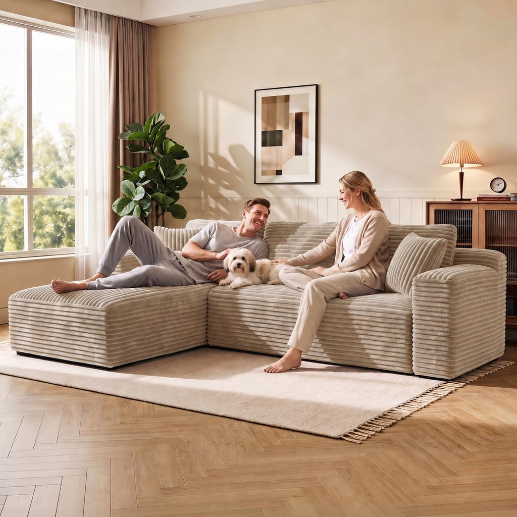 Shape Sectional Couches, 3 Seater Sectional Sofas Bedroom, Boneless Couch Sofa (Camel, Left Facing Chiase, 106 inch)