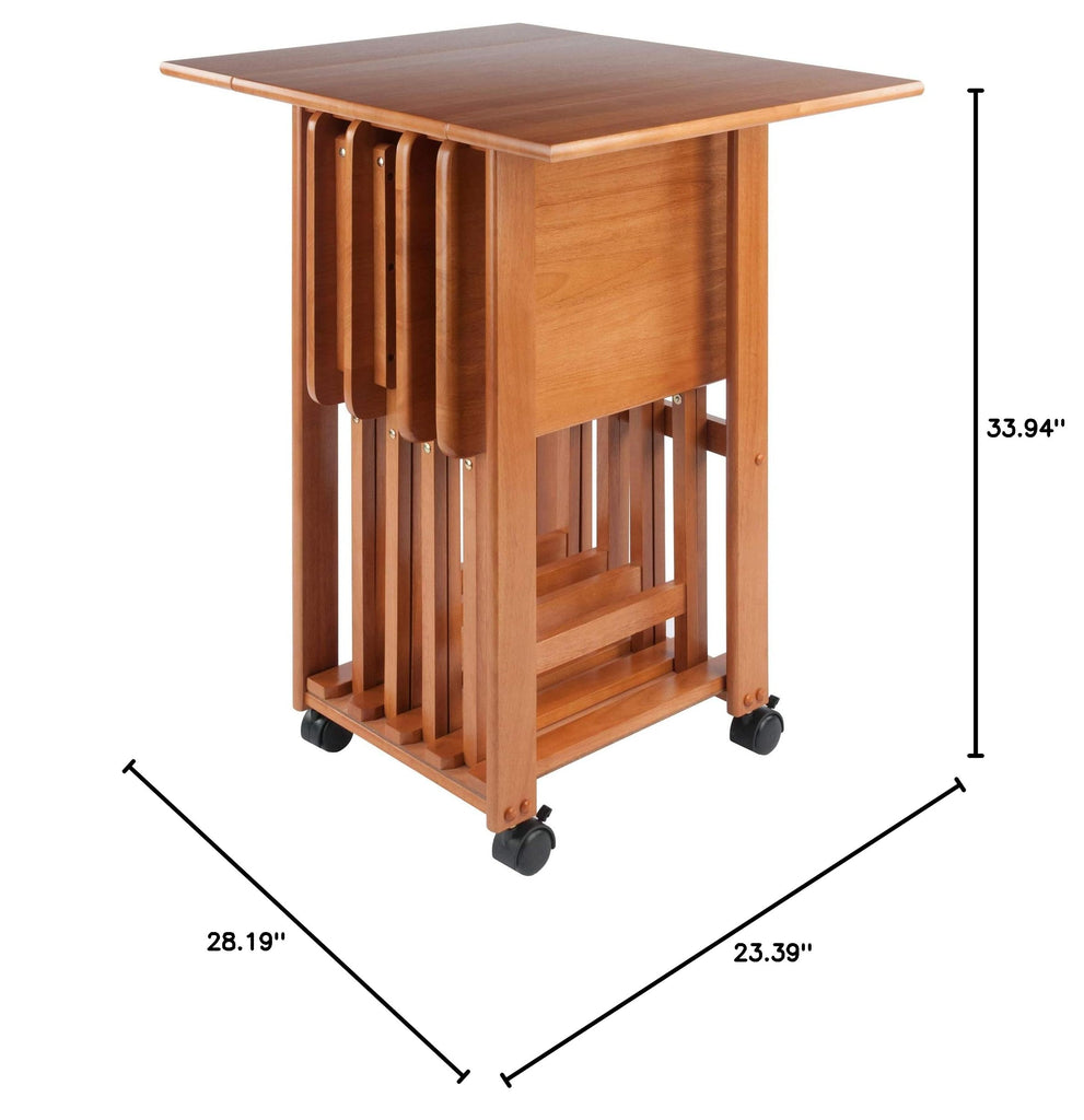 5-Piece Wood Folding Snack Table Set with Rolling Storage Stand and Removable Serving Tray - Fully Assembled (Teak)