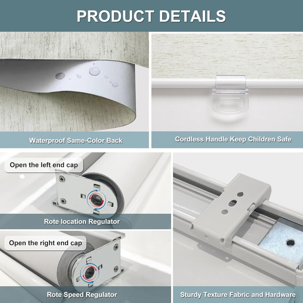Cordless Roller Shades Blackout Blinds for Windows Room Darkening Rolled Up Shades with Spring System, UV Protection