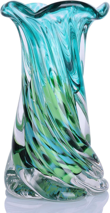 Hand Blown Glass Vase, Teal Green Emerald Gradient Wide Mouth Art Glass Vase, Unique Decorative Vase Coffee Table