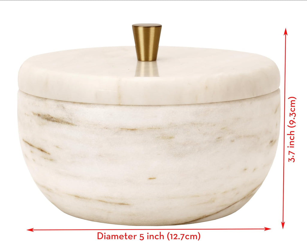 White Marble Storage Box with Copper Knob - Round Decorative Organizer for Jewelry, Trinkets, Bathroom or Office