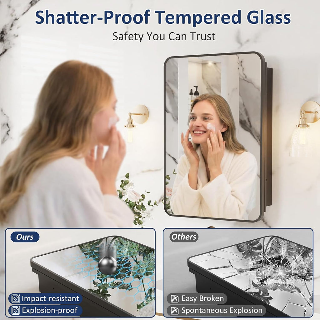 Medicine Cabinet Mirror 16x24 Inch, Black Bathroom Mirror Cabinet with Stepless Adjustable Shelves, Rounded Rectangle