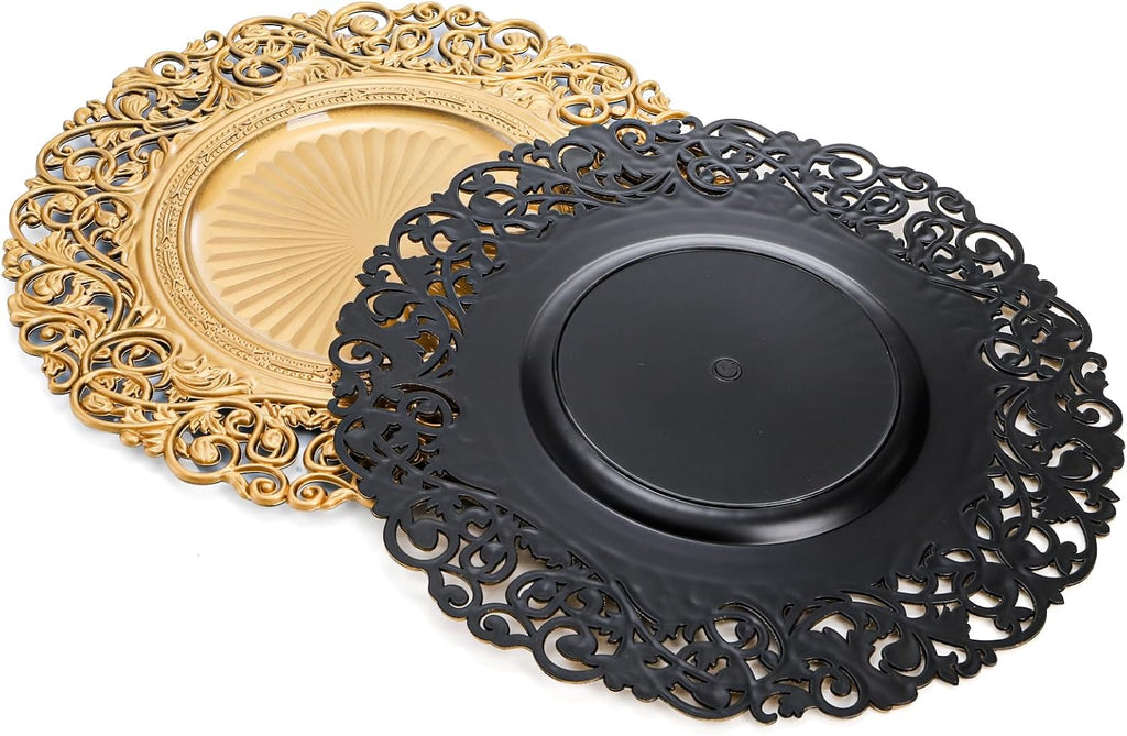 Gold Charger Plates, 13" Round Plastic Dinner Chargers, Decorative Hollowed Out Flowers Serving Plates - Set of 12