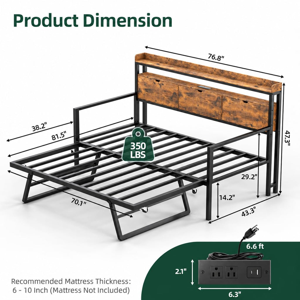 MU Twin Daybed with Trundle, Pop-Up Twin-to-King Bed, Rustic Brown
