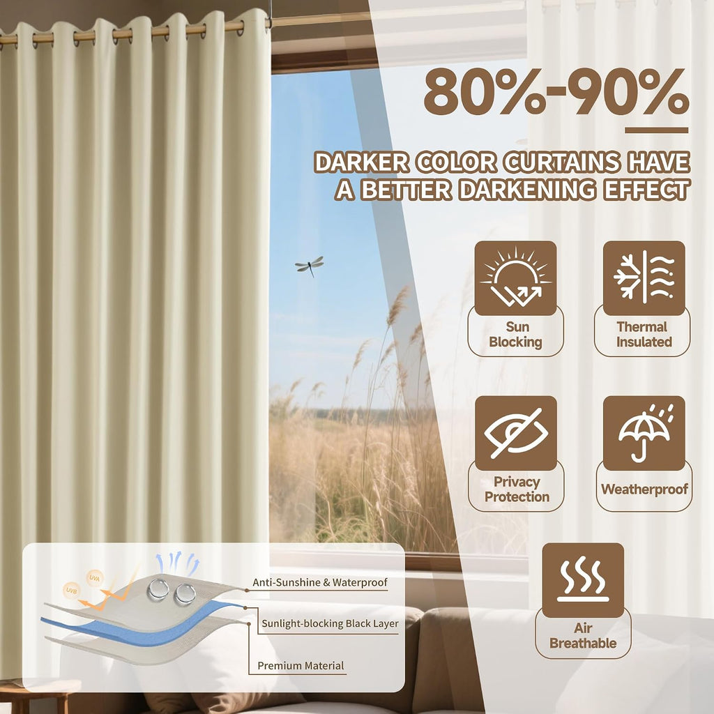 Outdoor Curtains Waterproof, Zipper Design 2 Panels Privacy Weatherproof Blackout Curtain Top & Bottom Grommet