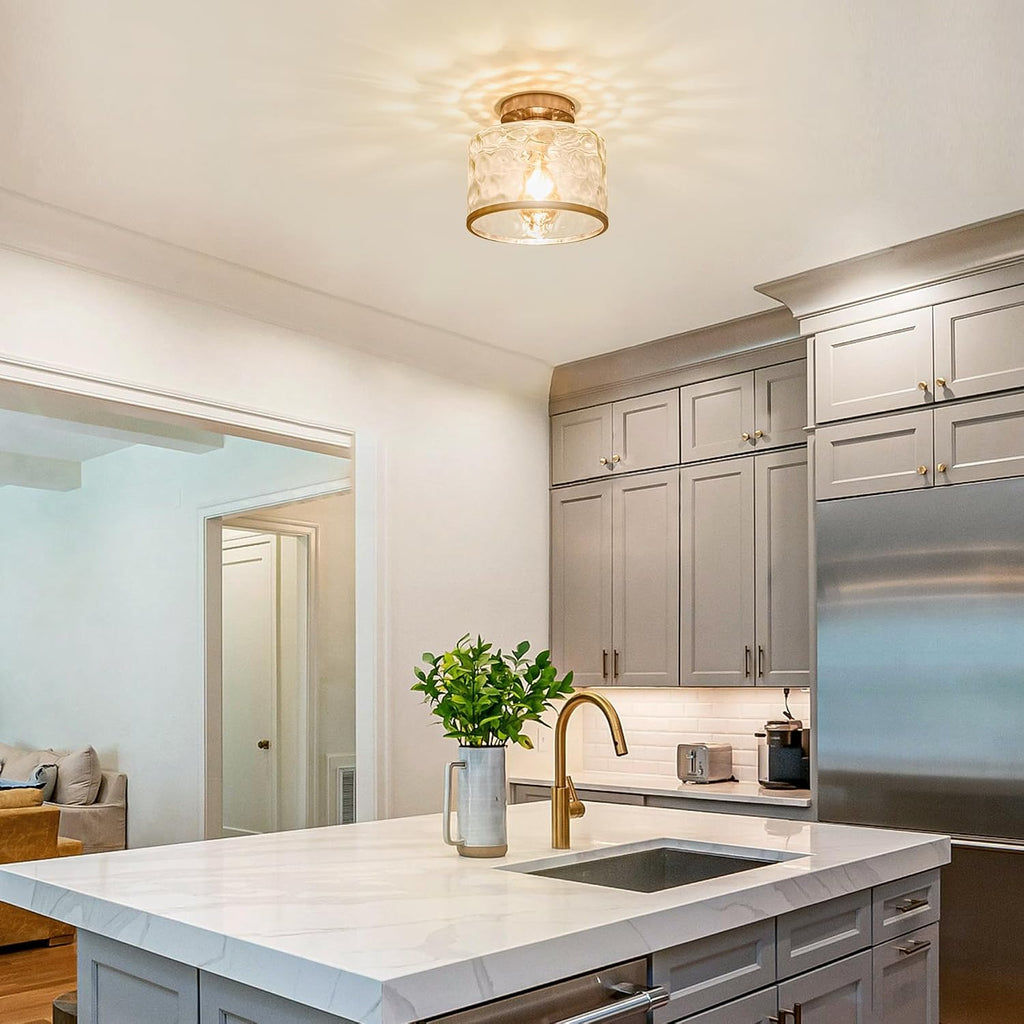 Modern Semi Flush Mount Ceiling Light with Industrial Clear Hammered Glass Lampshade, Farmhouse Ceiling Lights