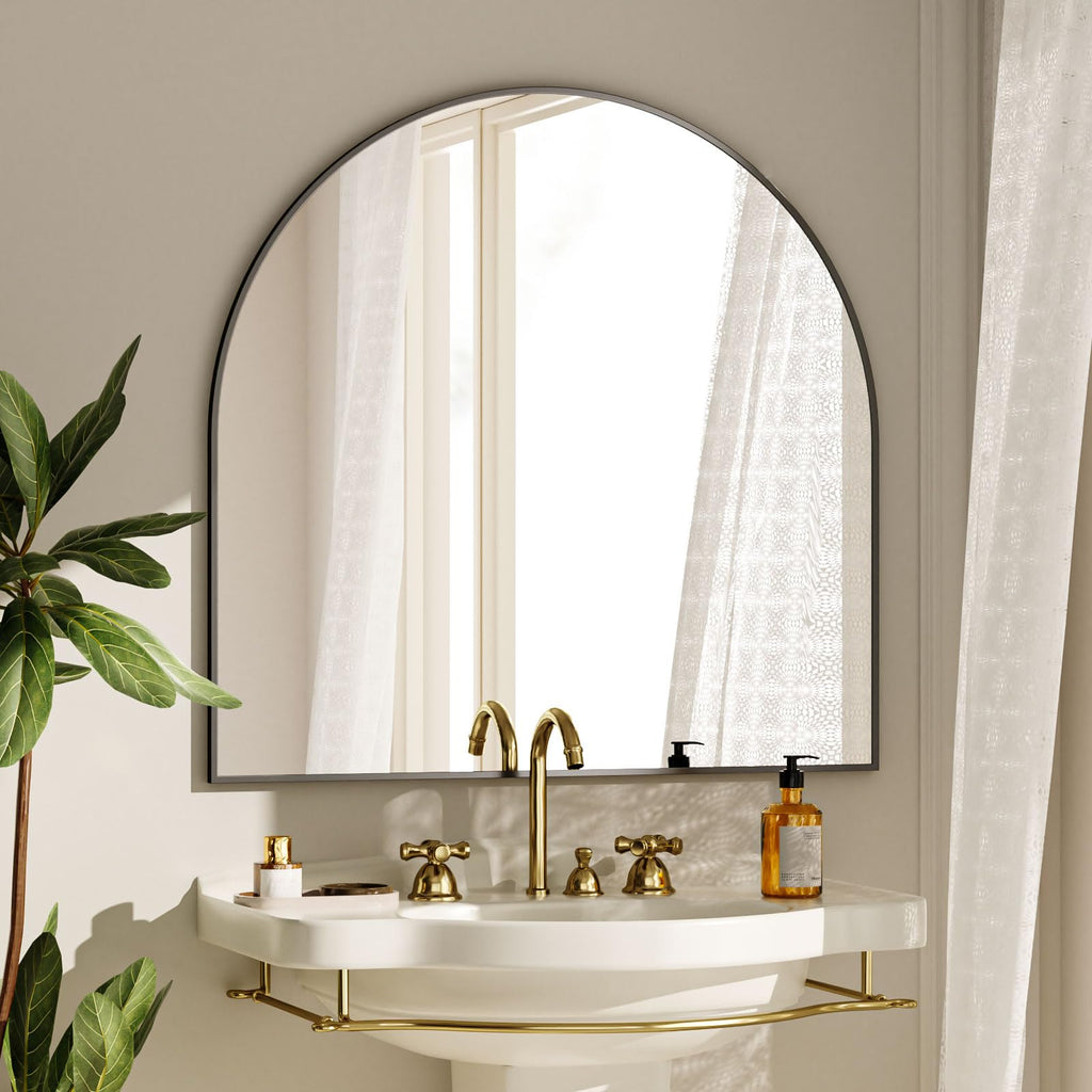 Wide Arched Wall Mirror, 31 x 32 inch Arch Bathroom Mirror Black