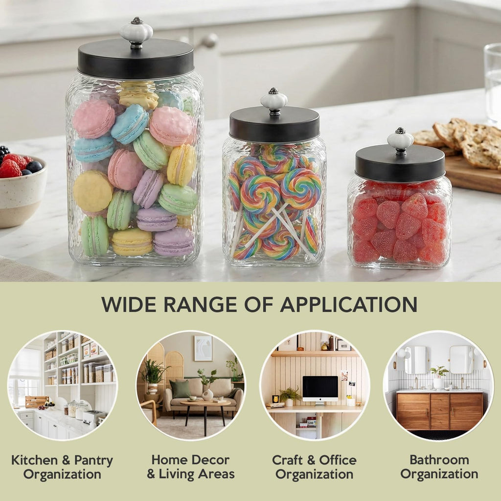 Clear Glass Kitchen Canisters Square Hammered, , 43/64/75oz - Set of 3