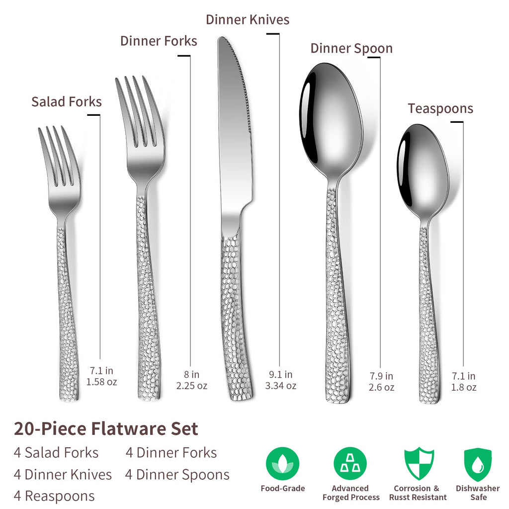 20-Piece Silverware Set, Stainless Steel Hammered Flatware Set for 4