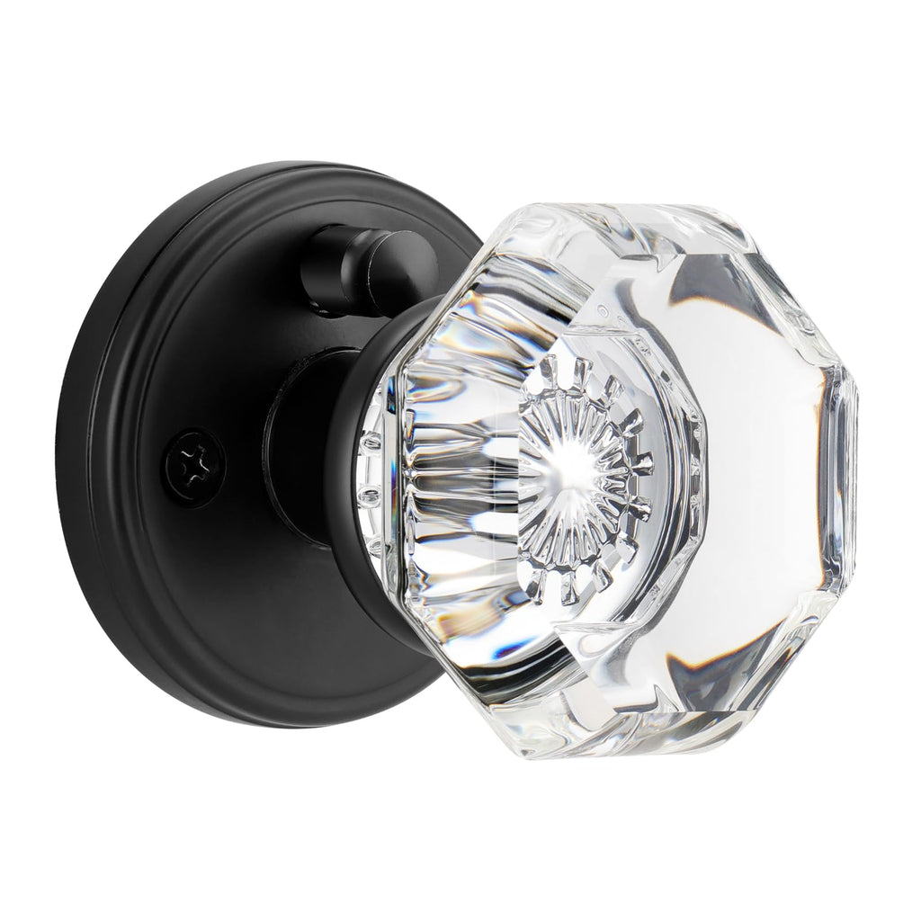 Glass Door Knobs Interior with Lock, Octagon Crystal Privacy Round Matte Black Door Knobs Bathroom