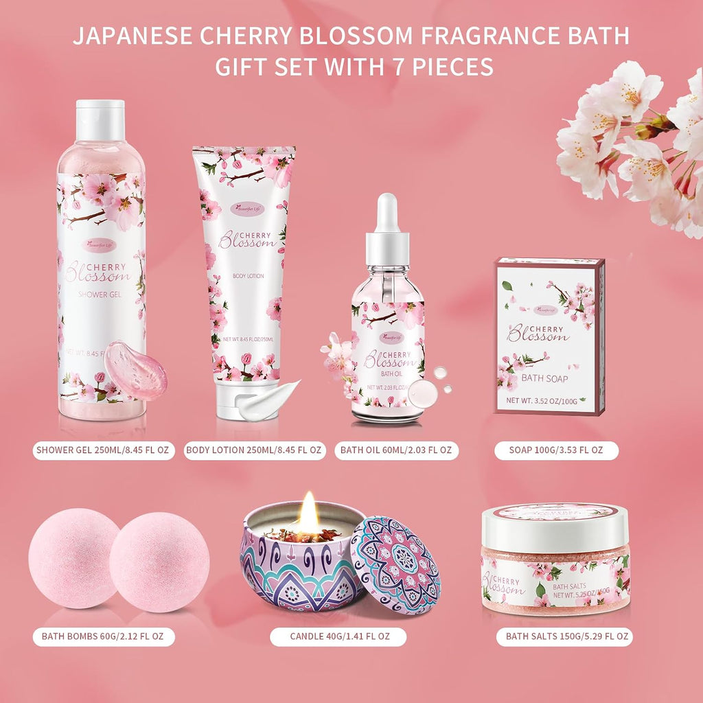 Bath and Body Gift Set for Women - Luxurious Home Spa Gift Set,Japanese Cherry Blossom 7-Piece Set Including Shower - Set of 7