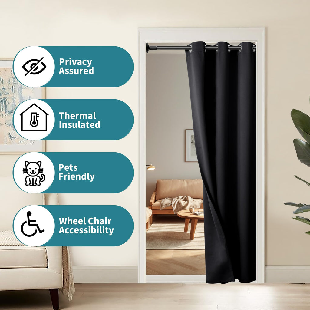 Black Door Curtain 80 Inch Length for Doorway, Bedroom Closet Curtain, Privacy Thermal Insulated Blackout Grommet