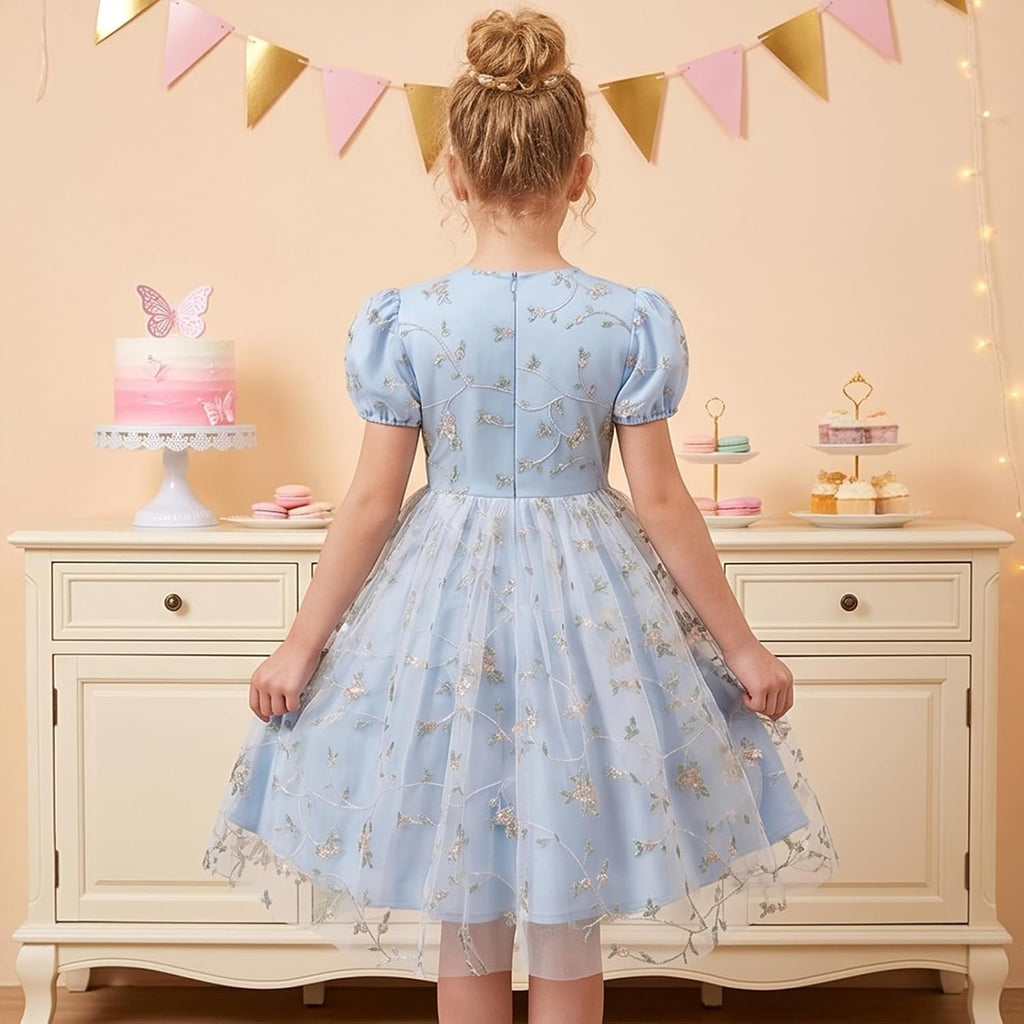 Kids Girls Short Sleeve Embroidery Floral Lace Tulle Dress