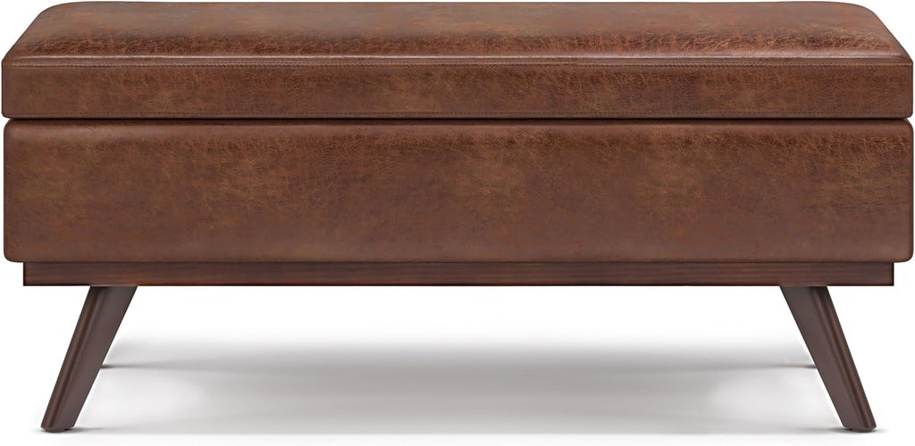 Owen 42" Wide Vegan Leather Lift Top Ottoman in Saddle Brown | Distressed saddle brown, mid-century modern lift-top