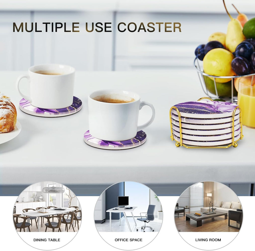 Purple Agate Coasters for drinks with Gold Holder,Absorbent Marble Coasters Set with Cork Base for Tabletop - Set of 7